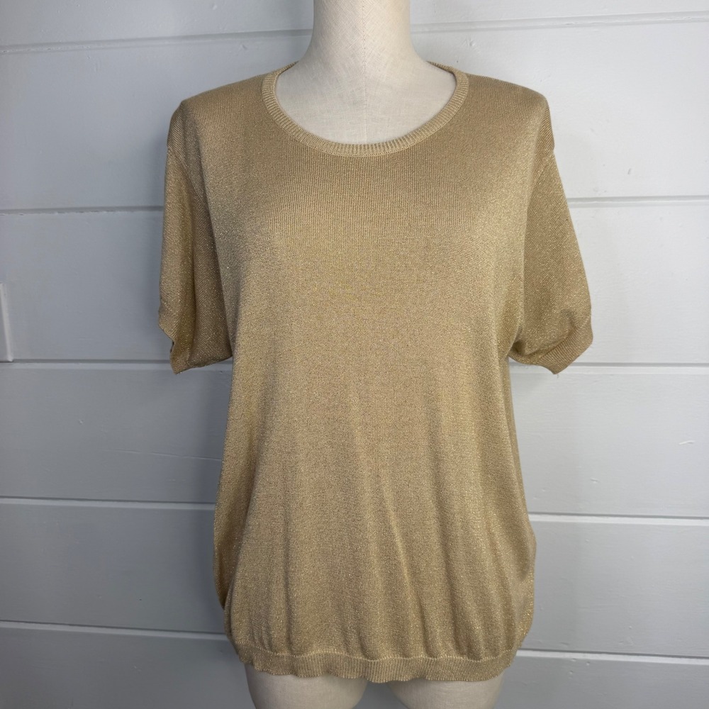 VTG Cervelle Womens 2X Gold Metallic Silk Blend Short Sleeve Knit Top Crew Neck
